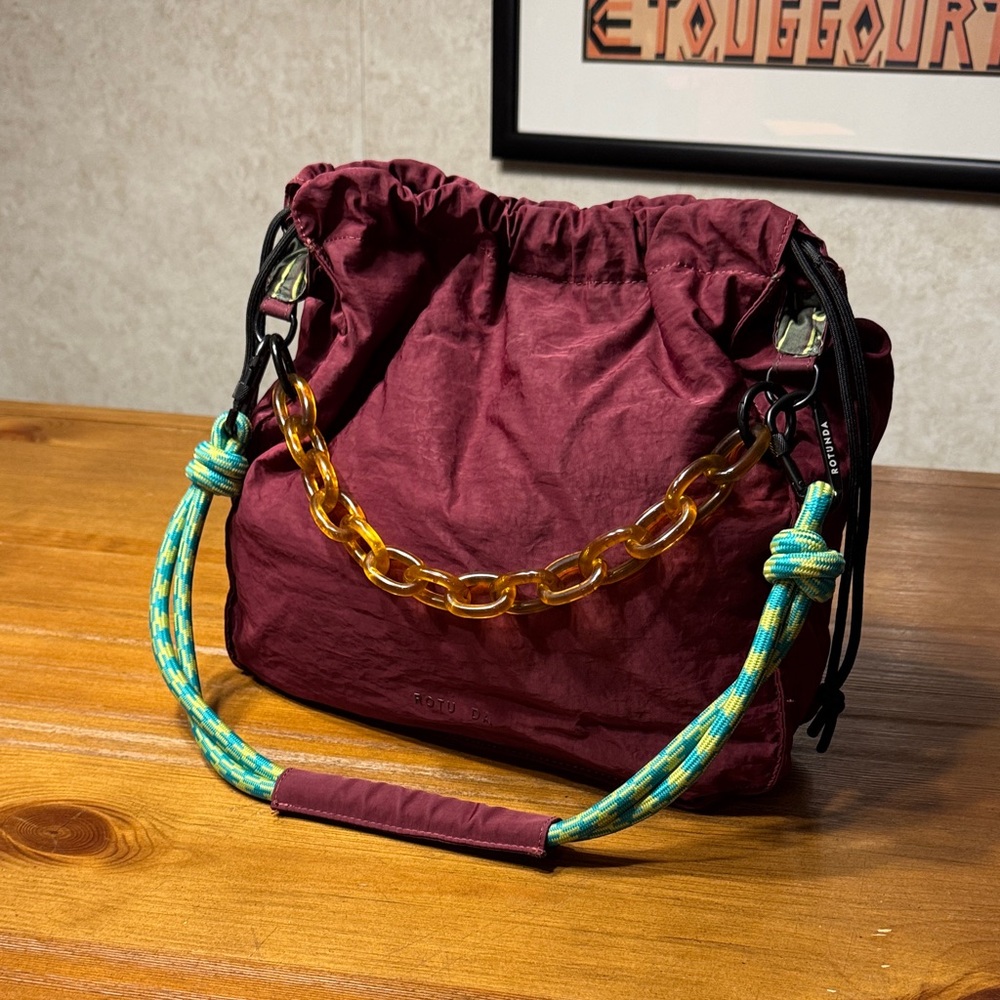 Women’s Burgundy Shoulder Bag with Gold Chain and Turquoise Rope Strap